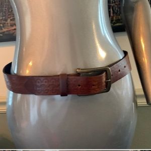 Tooled Genuine Leather Belt with Funky Brass Buckle